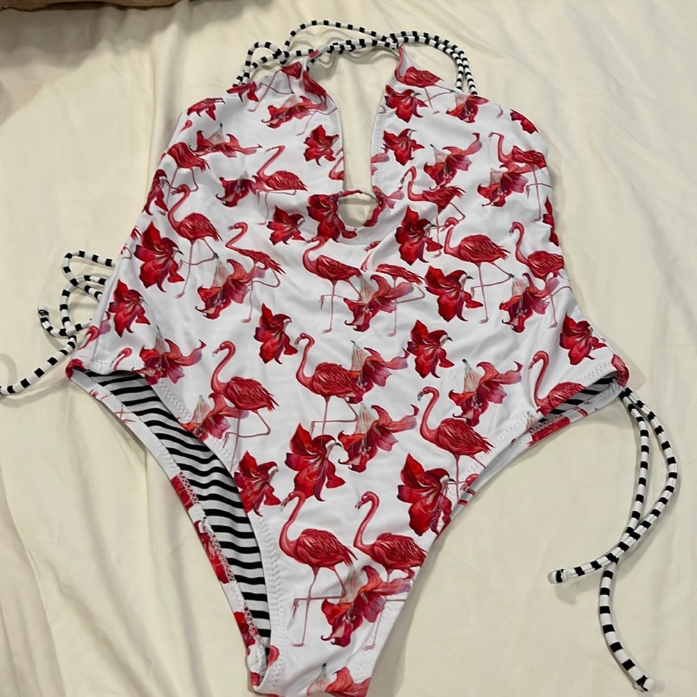 White One-Piece Swimsuit with Red Flamingo Print